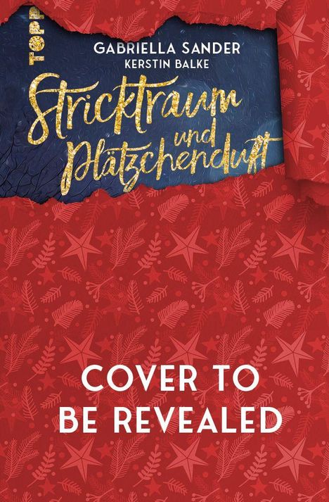 „Stricktraum und Plätzchenduft“ in goldener Schrift; roter Hintergrund mit Weihnachtsmustern.