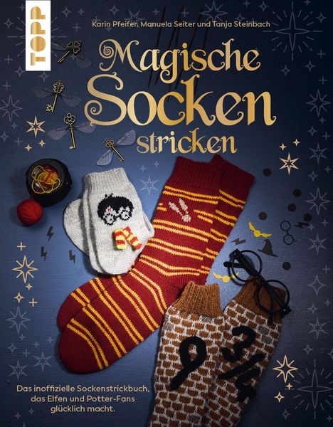 "Magische Socken stricken" ist groß geschrieben. Illustrationen von Socken und kleinen magischen Symbolen.