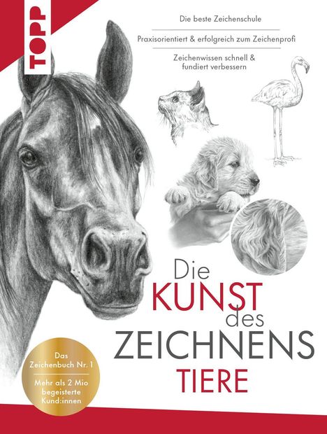„Die Kunst des Zeichnens Tiere“ steht in großen Buchstaben, umgeben von detaillierten Bleistiftzeichnungen eines Pferdes, Hundes, Flamingos und einer Katze.