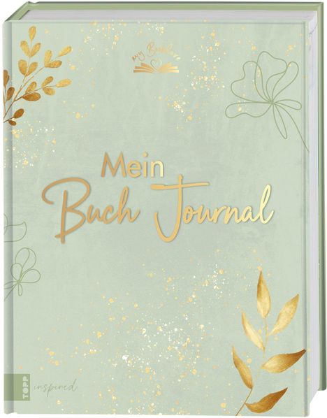 „Mein Buch Journal“ steht in großer Schrift. Das Cover ist grün mit goldenen Blättern und schimmernden Punkten.