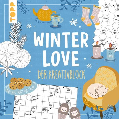 „WINTER LOVE DER KREATIVBLOCK“ in großer Schrift. Illustration mit Teekanne, Keks, Kreuzworträtsel und Katze im Stuhl.
