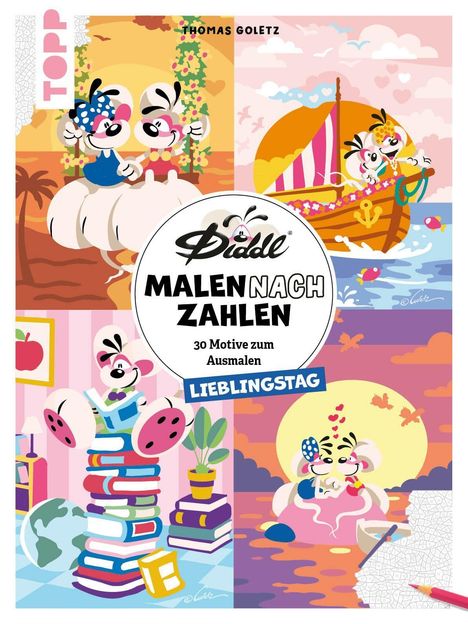 „Malen nach Zahlen: 30 Motive zum Ausmalen. Lieblingstag.“ Eine Illustration mit fröhlichen Cartoon-Mäusen.