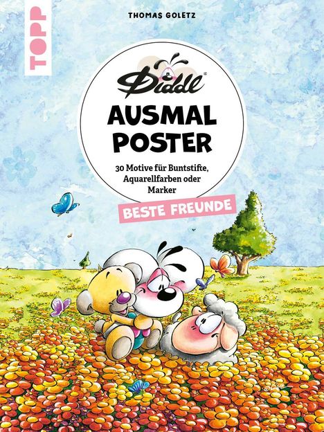 Text: "THOMAS GOLETZ, Didl Ausmalposter, 30 Motive, Beste Freunde." Illustration von Tieren auf einer Blumenwiese.