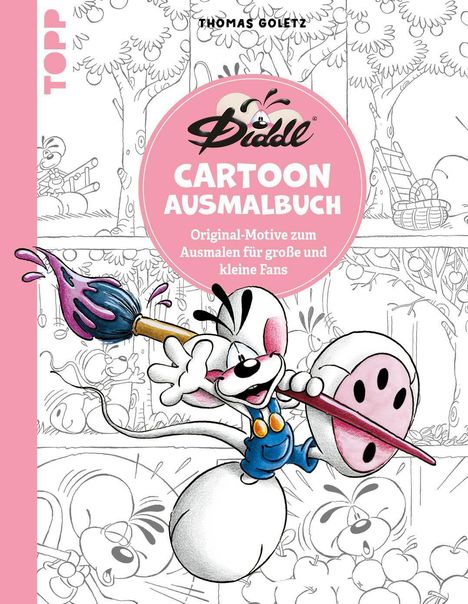 Text in rosa Kreis: "Diddl CARTOON AUSMALBUCH Original-Motive zum Ausmalen für große und kleine Fans". Fröhliche Maus mit Pinsel.