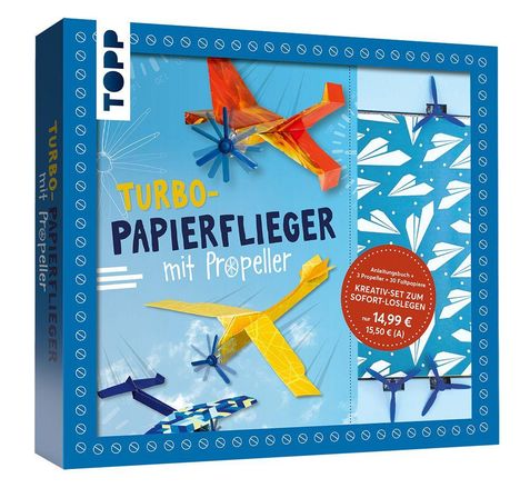 "TURBO-PAPIERFLIEGER mit Propeller. Kreativ-Set zum Sofort-Loslegen. Enthält bunte Papierflieger und Propeller."