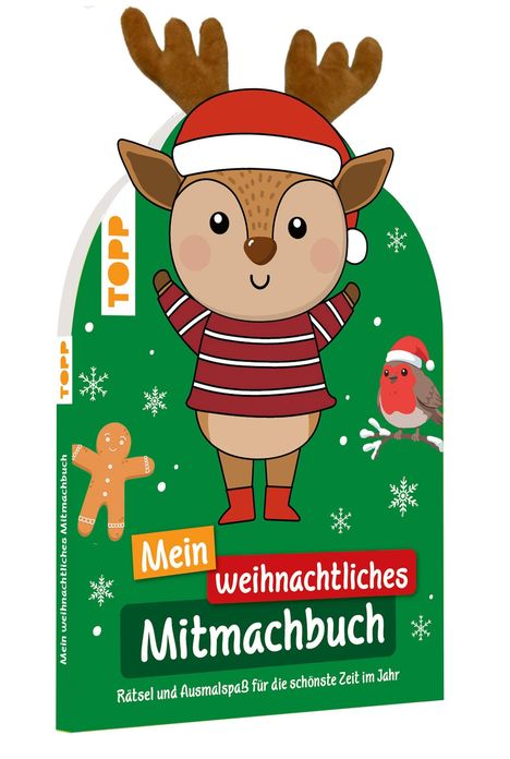 „Mein weihnachtliches Mitmachbuch“ zeigt ein rentierartiges Tier im Weihnachtsoutfit, daneben Schneeflocken und ein Vogel.