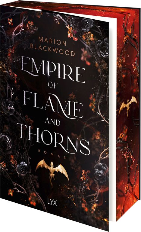 "Empire of Flame and Thorns", Marion Blackwood, Roman. Dunkle, florale Illustration mit einem goldenen Drachen.