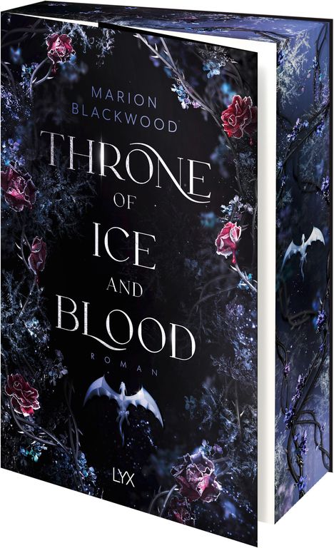 "THRONE OF ICE AND BLOOD" von Marion Blackwood. Dunkles, mystisches Design mit roten Rosen und einem Drachen.