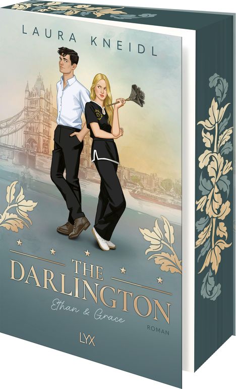 Oben steht "LAURA KNEIDL", darunter "THE DARLINGTON: Ethan & Grace". Zwei Personen vor der Tower Bridge. Rechts florale Muster.