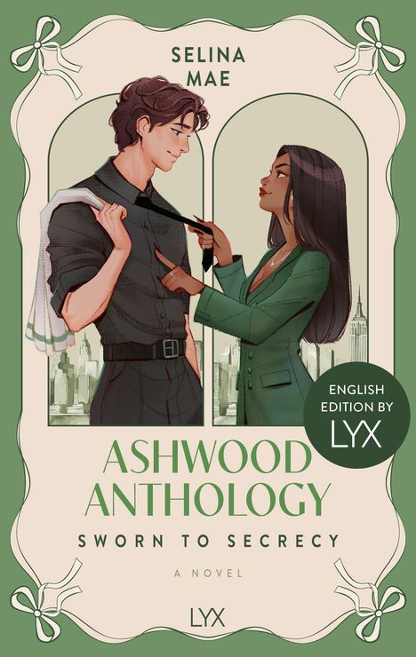 "ASHWOOD ANTHOLOGY", zwei Figuren, lächelnder Mann, Frau im Anzug in grünen und cremefarbenen Tönen.