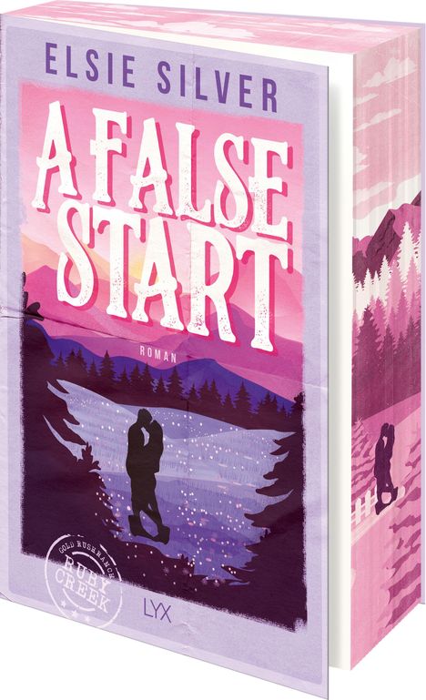 "A False Start" von Elsie Silver. Illustration einer Landschaft mit einem Paar vor einem See bei Sonnenuntergang.