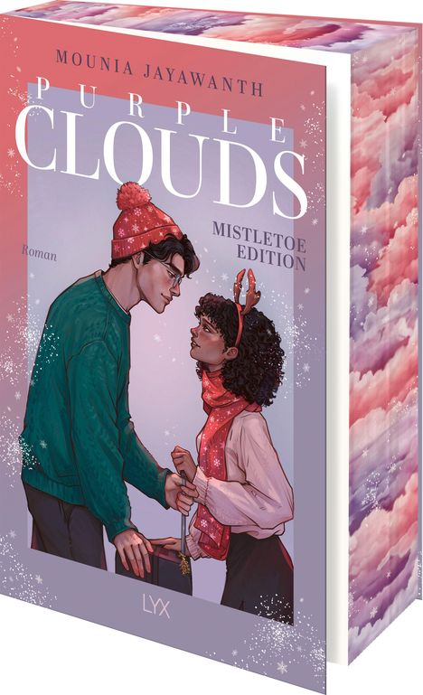 "Purple Clouds, Mistletoe Edition" von Mounia Jayawanth. Illustration: Ein Paar unterhält sich, winterlich gekleidet.