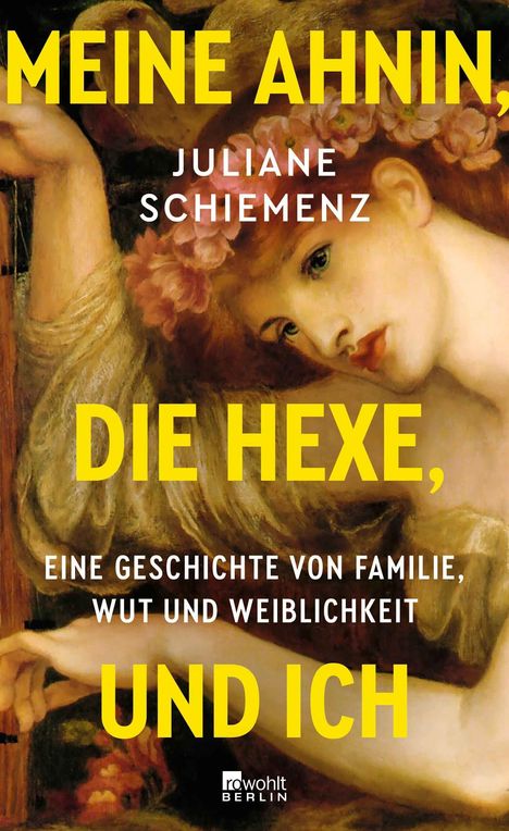 "MEINE AHNIN, DIE HEXE, UND ICH" von Juliane Schiemenz. Verträumtes Porträt einer Frau mit Blumenkranz.