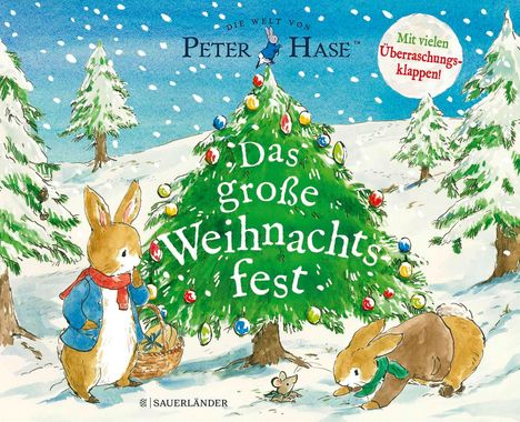 "Das große Weihnachtsfest. Mit vielen Überraschungsklappen!" zeigt Hasen und Mäuse in winterlicher Landschaft mit Weihnachtsbaum.