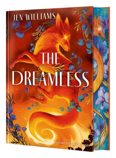 „THE DREAMLESS“ von Jen Williams. Illustration mit leuchtendem Fuchs, blauen Blumen und Drachenmotiv am Rand.