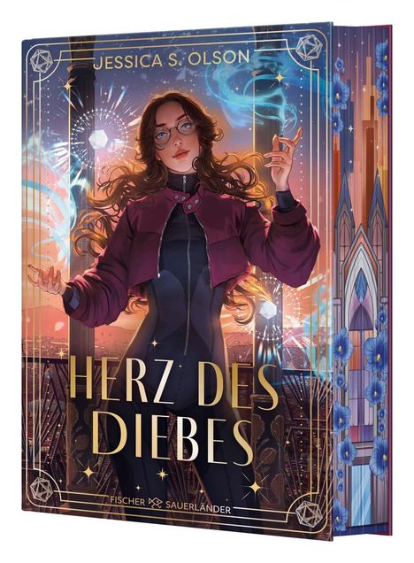 "HERZ DES DIEBES", "JESSICA S. OLSON". Junge Frau mit langen Haaren, Brille und lila Jacke vor fantasievollem Hintergrund.