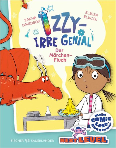 Titel: "IZZY - IRRE GENIAL: Der Märchen-Fluch". Zwei Kinder, eines mit Schutzbrille, neben einem roten Drachen und einem Vulkanexperiment.