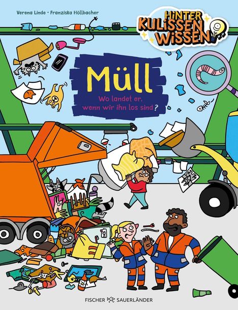 "Müll: Wo landet er, wenn wir ihn los sind?" Illustration mit zwei Menschen in Müllwagenuniformen vor Abfallhaufen.