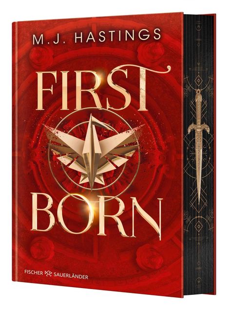 "M.J. Hastings, First Born. Roter Hintergrund, goldenes Symbol in der Mitte, seitliches Schwertmuster."