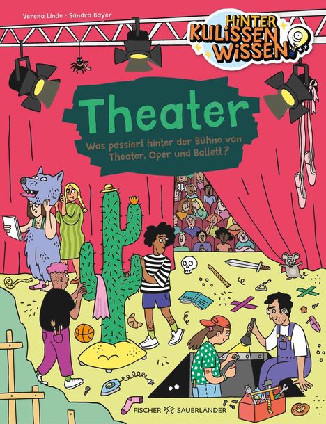 „Theater: Was passiert hinter der Bühne von Theater, Oper und Ballett?“ Illustration von einer bunten Bühnenszene.