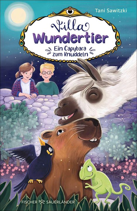 Titel: "Villa Wundertier - Ein Capybara zum Knuddeln". Zwei Kinder, ein Lama, ein Capybara, ein Vogel und ein Chamäleon.
