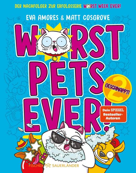 Titel: "Worst Pets Ever!" Ein Comic-Stil mit einer Katze und einem Hund in auffälligen Posen und Farben.