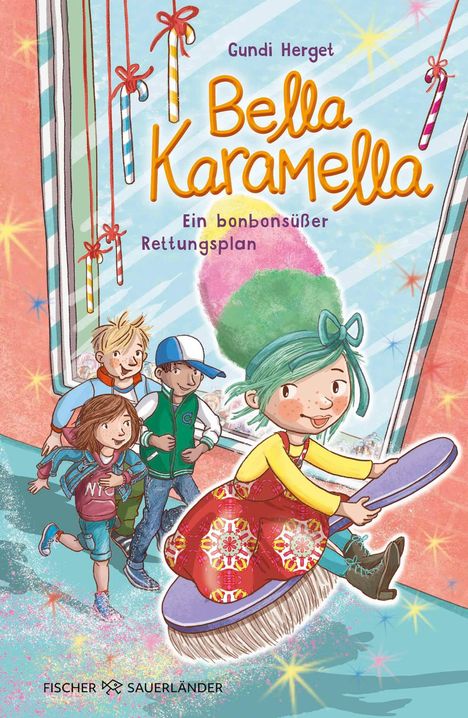 "Bella Karamella: Ein bonbonsüßer Rettungsplan". Illustration von Kindern, eines auf einem Besen. Buntes, lebhaftes Design.