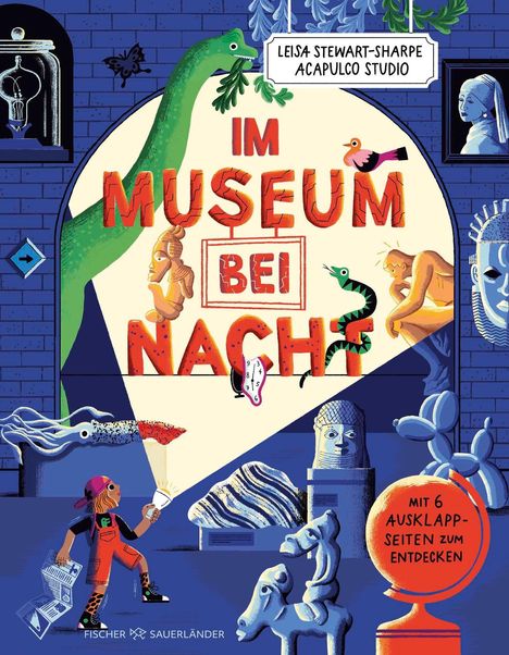 "Im Museum bei Nacht" in großen Buchstaben. Darüber ein Dinosaurier. Verschiedene Kunstwerke und eine Person mit Taschenlampe.