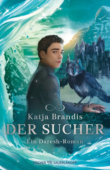 „Katja Brandis, DER SUCHER, Ein Daresh-Roman“. Eine Illustration mit einem Jungen, einem Wolf mit Flügeln und einer Burg.