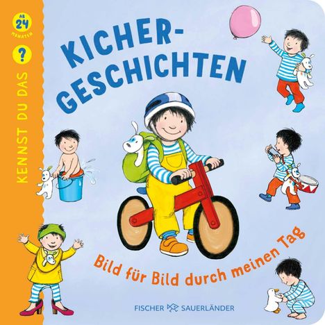 „Kicher-Geschichten“ oben, „Bild für Bild durch meinen Tag“ unten. Kind auf Laufrad, bunte Szenen, fröhliche Stimmung.