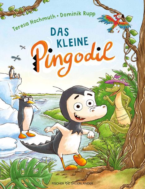 "Das kleine Pingodil" steht unter zwei Namen. Ein Pinguin-Krokodil-Hybrid im Vordergrund, Papagei und Krokodile im Hintergrund.