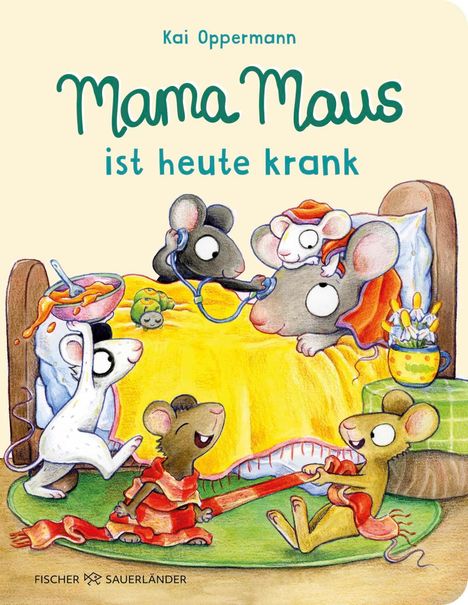"Mama Maus ist heute krank." Eine Illustration mit Mäusen: Eine Maus liegt im Bett, umgeben von anderen, die helfen.