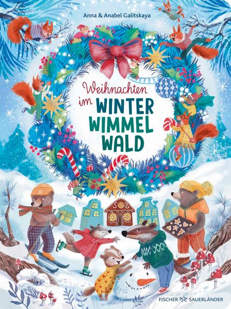 "Weihnachten im Winter Wimmelwald" steht inmitten eines mit Tieren und Geschenken geschmückten Kranzes im Schnee.