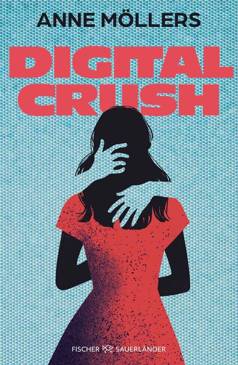 „Digital Crush“, Anne Möllers. Silhouette einer Person im roten Kleid, umarmt von blauen Händen auf gepunktetem Hintergrund.