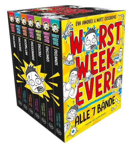 Buchbox mit der Aufschrift: "WORST WEEK EVER!" und "ALLE 7 BÄNDE". Enthält Illustrationen eines überraschten Charakters.