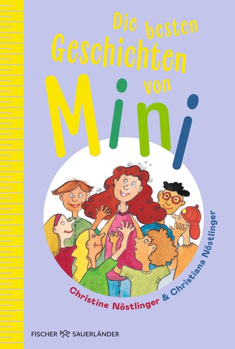 „Die besten Geschichten von Mini“, Christine Nöstlinger. Illustration: Fröhliche Gruppe um ein Mädchen mit lockigem Haar.