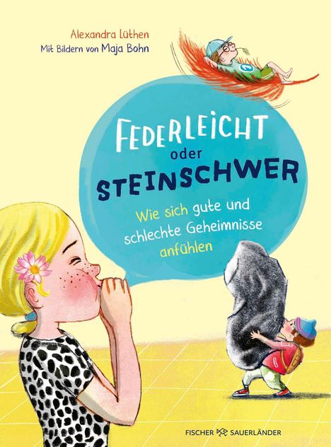 "Federleicht oder steinschwer. Wie sich gute und schlechte Geheimnisse anfühlen." Illustrationen zeigen ein Kind mit Feder und eins mit Stein.