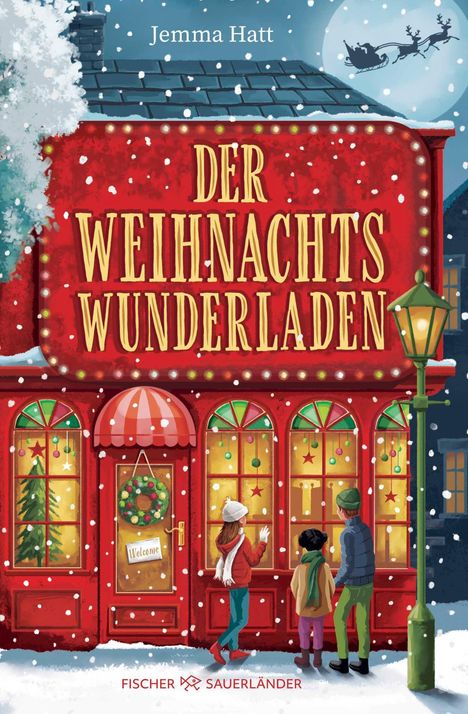 "Der Weihnachts Wunderladen" in großen gelben Buchstaben. Drei Kinder sehen in ein rot dekoriertes Schaufenster. Schneefall.