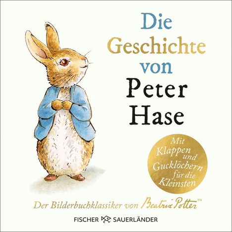 „Die Geschichte von Peter Hase“ ist der Titel. Illustration eines Hasen in blauer Jacke. Text im Kreis: „Mit Klappen...“