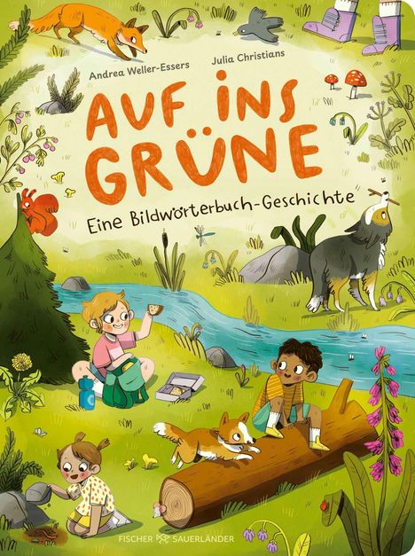 "AUF INS GRÜNE" Eine Bildwörterbuch-Geschichte. Kinder und Tiere spielen fröhlich in einer bunten Waldlandschaft.