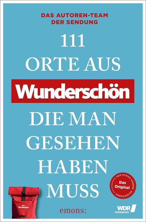 "111 Orte aus Wunderschön die man gesehen haben muss." Logo "Wunderschön" auf rotem Hintergrund. Roter Rucksack.
