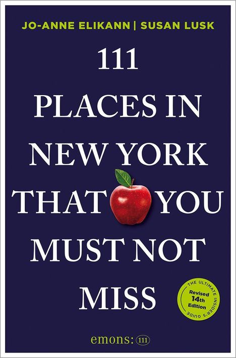"111 PLACES IN NEW YORK THAT YOU MUST NOT MISS" in weiß auf dunkelblauem Hintergrund mit rotem Apfel.