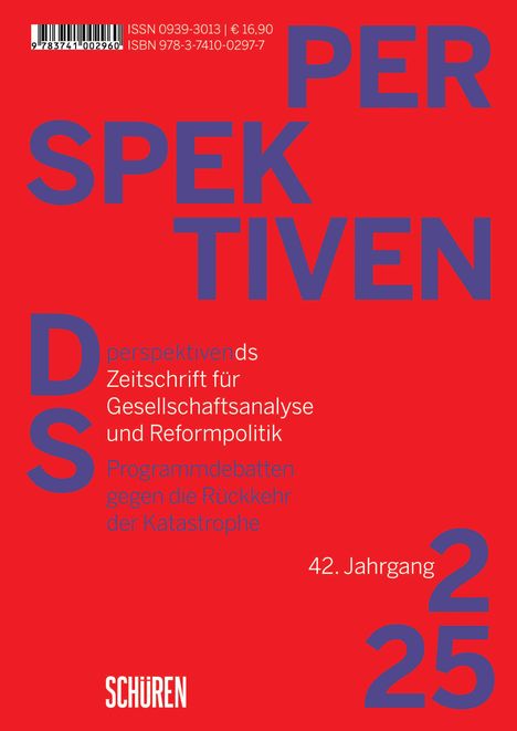 ISBN und Preis auf Rot. "PER SPEKTIVEN", "D S perspektivends Zeitschrift...", "42. Jahrgang", "Schüren". Blockige blaue Schrift.
