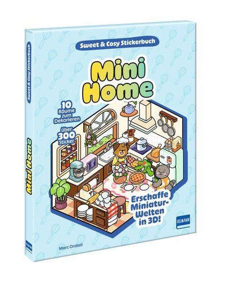 "Mini Home", Stickerbuch mit 10 Räumen, über 300 Stickern. Illustration: Tiere in gemütlicher Küche. Marca: Ullmann.