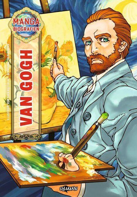 MANGA BIOGRAFIEN, VAN GOGH. Ein Mann mit rotem Bart malt, hält Palette und Pinsel vor einem Gemälde. Manga-Stil.