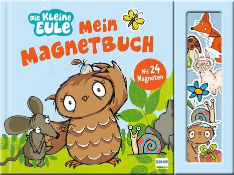 "Die kleine Eule - Mein Magnetbuch - Mit 24 Magneten." Illustration: Eule, Maus, Schmetterling, bunte Magnete, Laub.