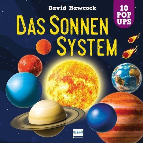 Text: „David Hawcock“, „Das Sonnensystem“, „10 Pop Ups“. Darstellung des Sonnensystems mit Planeten und Sonne.