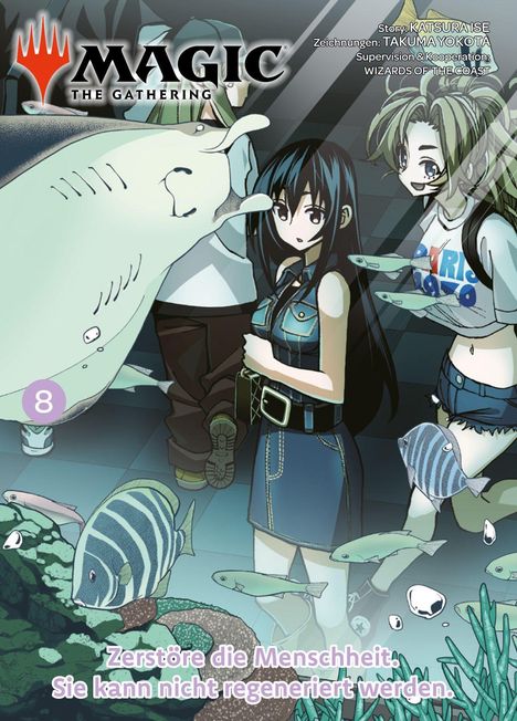 Text: "Zerstöre die Menschheit. Sie kann nicht regeneriert werden." Illustration von drei Personen und Fischen in einem Aquarium.