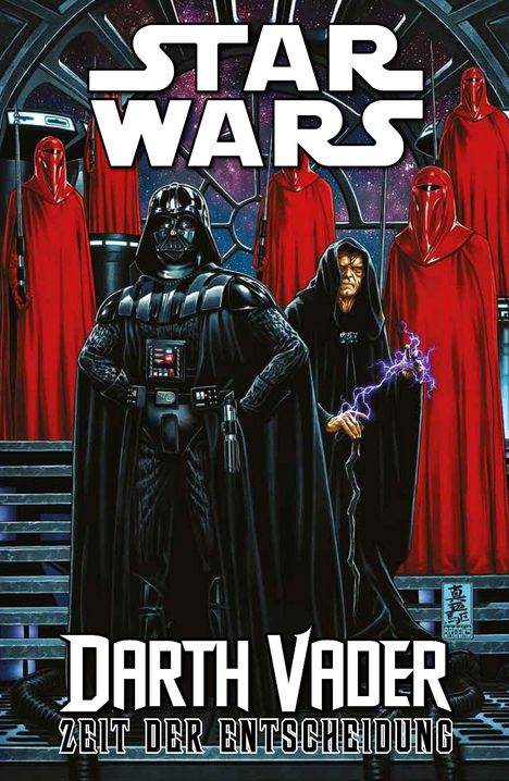 „Star Wars: Darth Vader – Zeit der Entscheidung“. Illustration: Darth Vader und Imperator umgeben von roten Wachen.