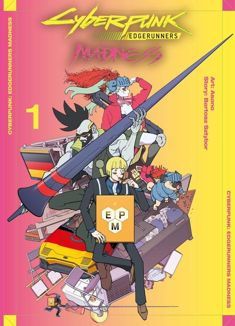 Eine dynamische Illustration mit "Cyberpunk: Edgerunners Madness" und "1". Figuren mit futuristischen Elementen, lebendige Farben.